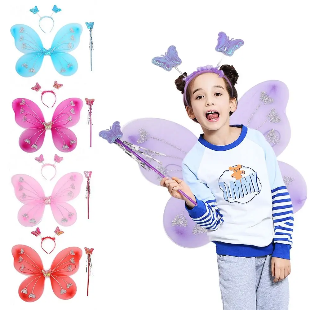 3Pcs/Set Kids Glitter Butterfly Headband Wings Wand Photography Outfit Children Fairy Tale Props