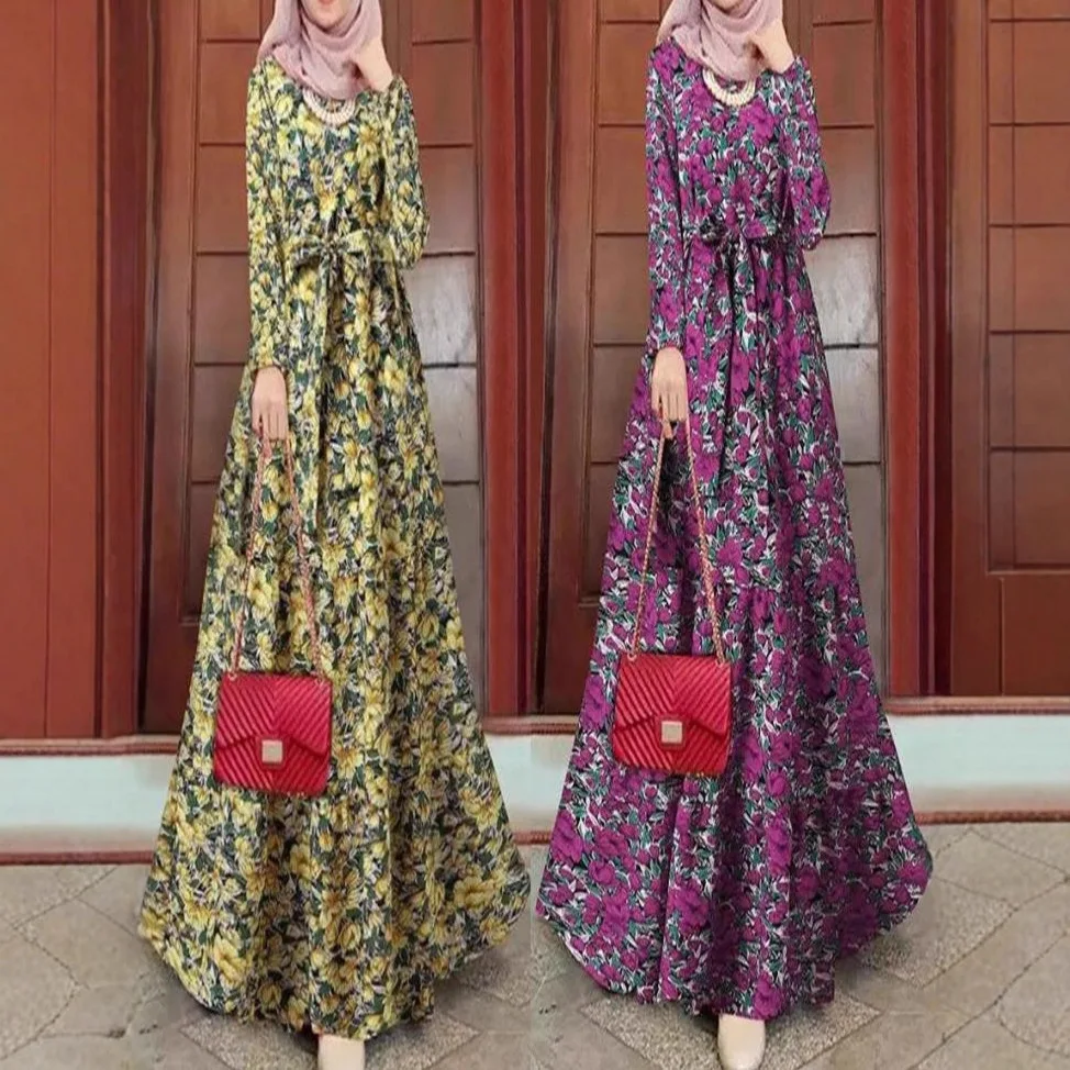Nueva moda, vestido modesto de manga larga con estampado Floral para mujeres musulmanas, bata informal para mujer de Oriente Medio con cinturón para vestidos de Dubái