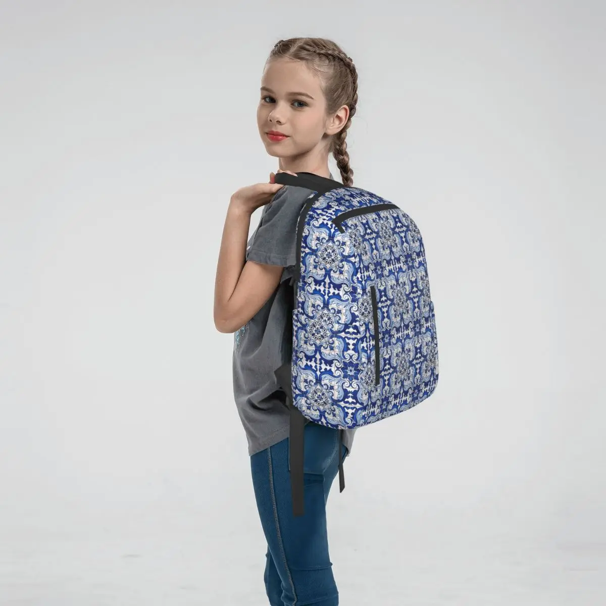 Antique Classic Lisbon Blue Azulejo Tile Floral Pattern Backpack Daypack Boys Girls BookBag School Bag Shoulder