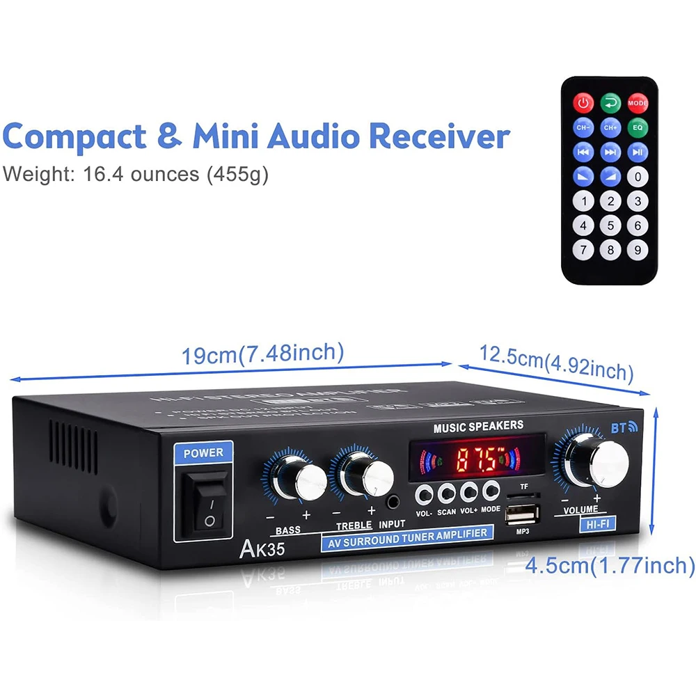 HiFi Stereo Digital Audio Amplifier Bluetooth 5.0 Receiver AK35 2.0 Channel Sound Amplifier Receiver FM RCA USB Remote Control