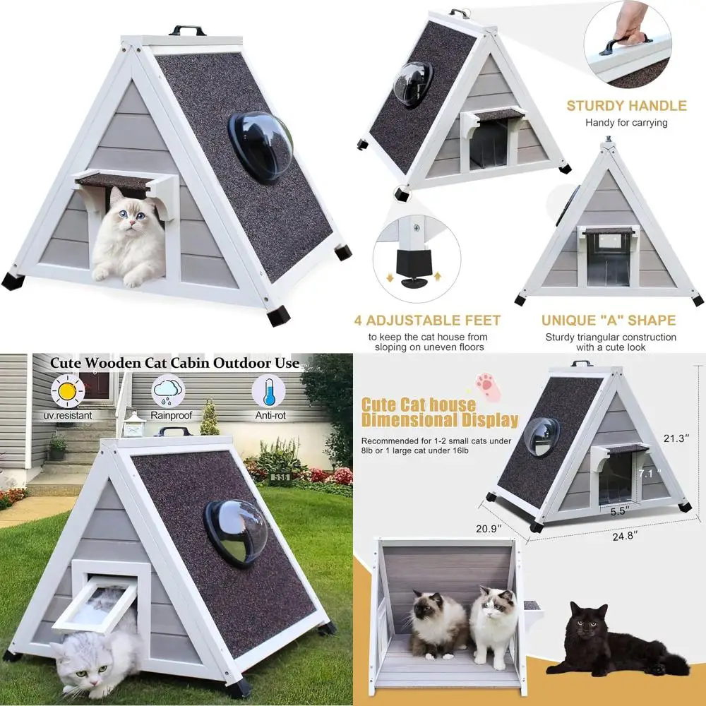 

Стильный деревянный уличный домик для кошек с удобной входной дверцей и прозрачным окном - серый, для маленьких питомцев