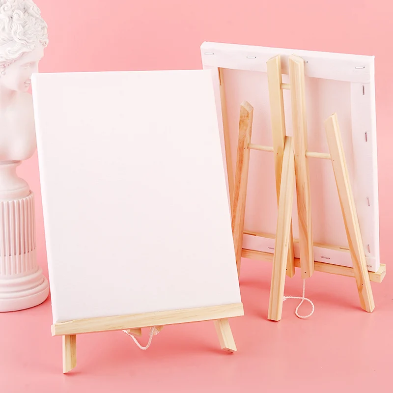 2-in-1 Mini Wooden Easel With Canvas Set,Portable Desktop Art Easel Stand With Blank Canvas,For Acrylic,Watercolor,Oil Painting