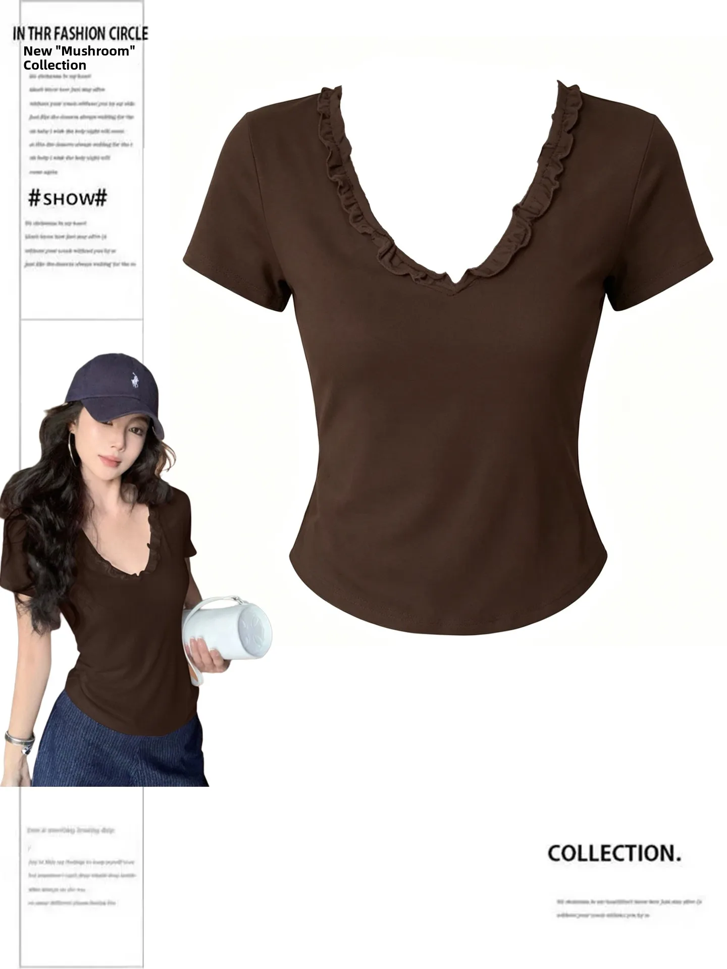 

Slim Fit Short Sleeve T-Shirt Women's plus Size V-Neck Wood Grain Waist-Cut Summer Fashionable Casual Top DUOR