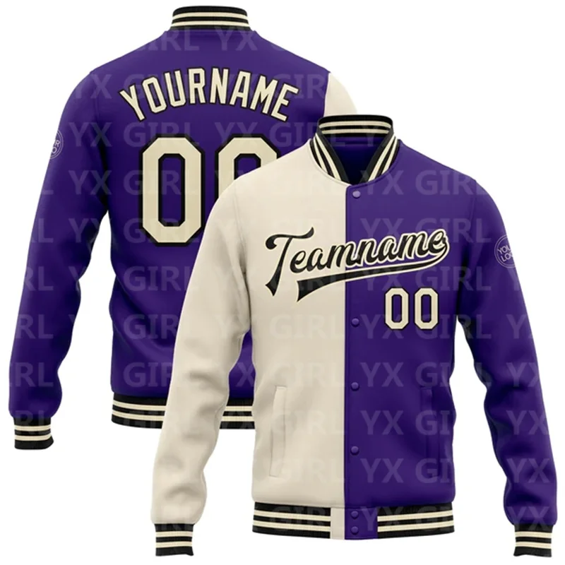 Custom Purple Black-Gray Bomber Full-Snap Varsity Letterman Split Fashion Jacket 3D Printed Baseball Button Jacket