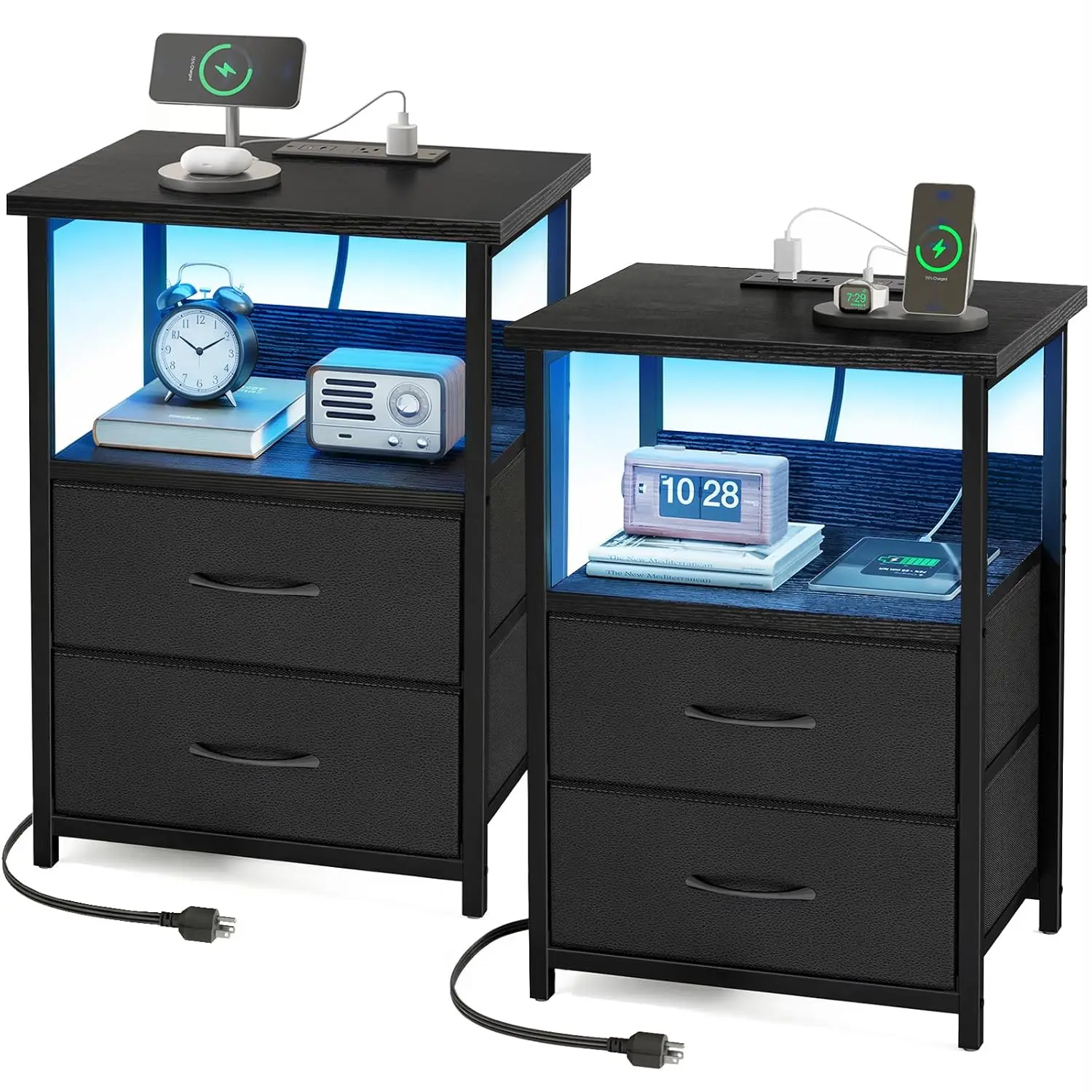 

Nightstand Set of 2 Night Stand with Charging Station, LED Nightstand with Fabric Drawers, End Table with PU, Customized