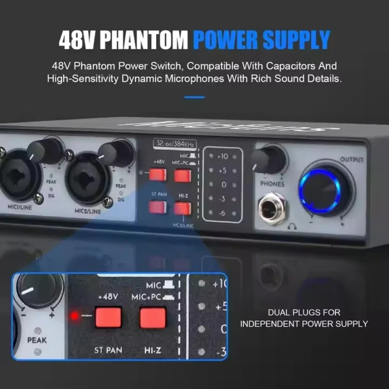 Professional recording sound card mini 2 Channel audio interface USB for Musical Instruments Live streaming recording singing