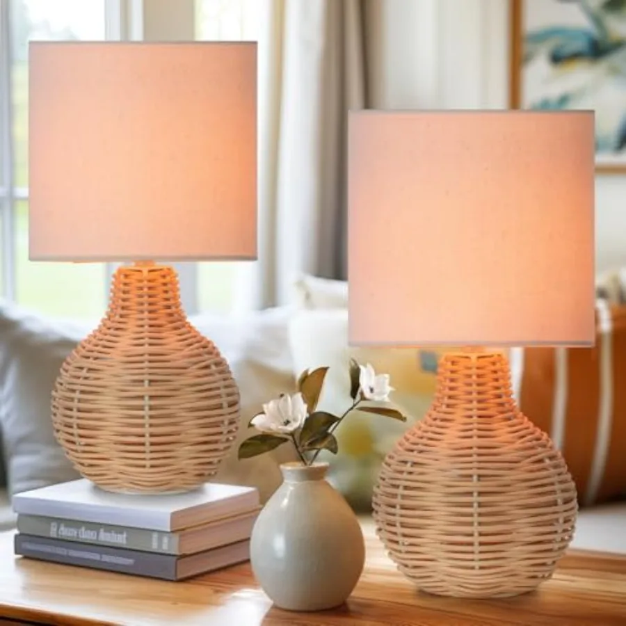 

Table Lamp, Vintage Wicker Wooden Nightstand Lamp Set of 2, Boho Bamboo Woven End Table Lamp for Bedroom Living Room Desk Room
