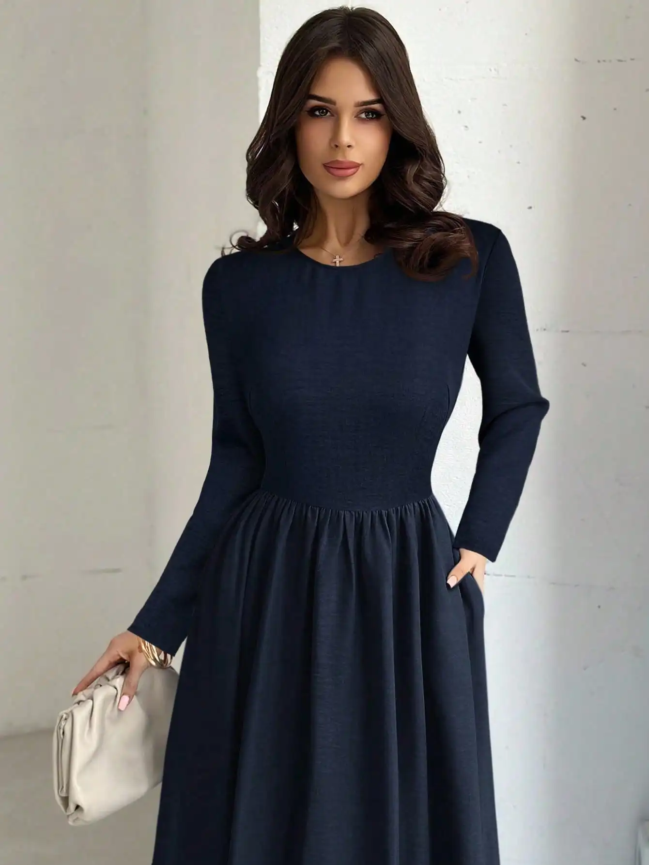 خريف جديد النمط الفرنسي فستان طويل الأكمام الخصر cinched ألف خط تنورة طويلة #6