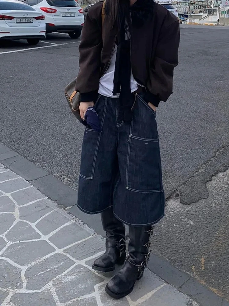 Americano retro bezerro comprimento bolsos hip-hop calças largas feminino grunge lavado rua jean emo casual y2k perna larga denim shorts