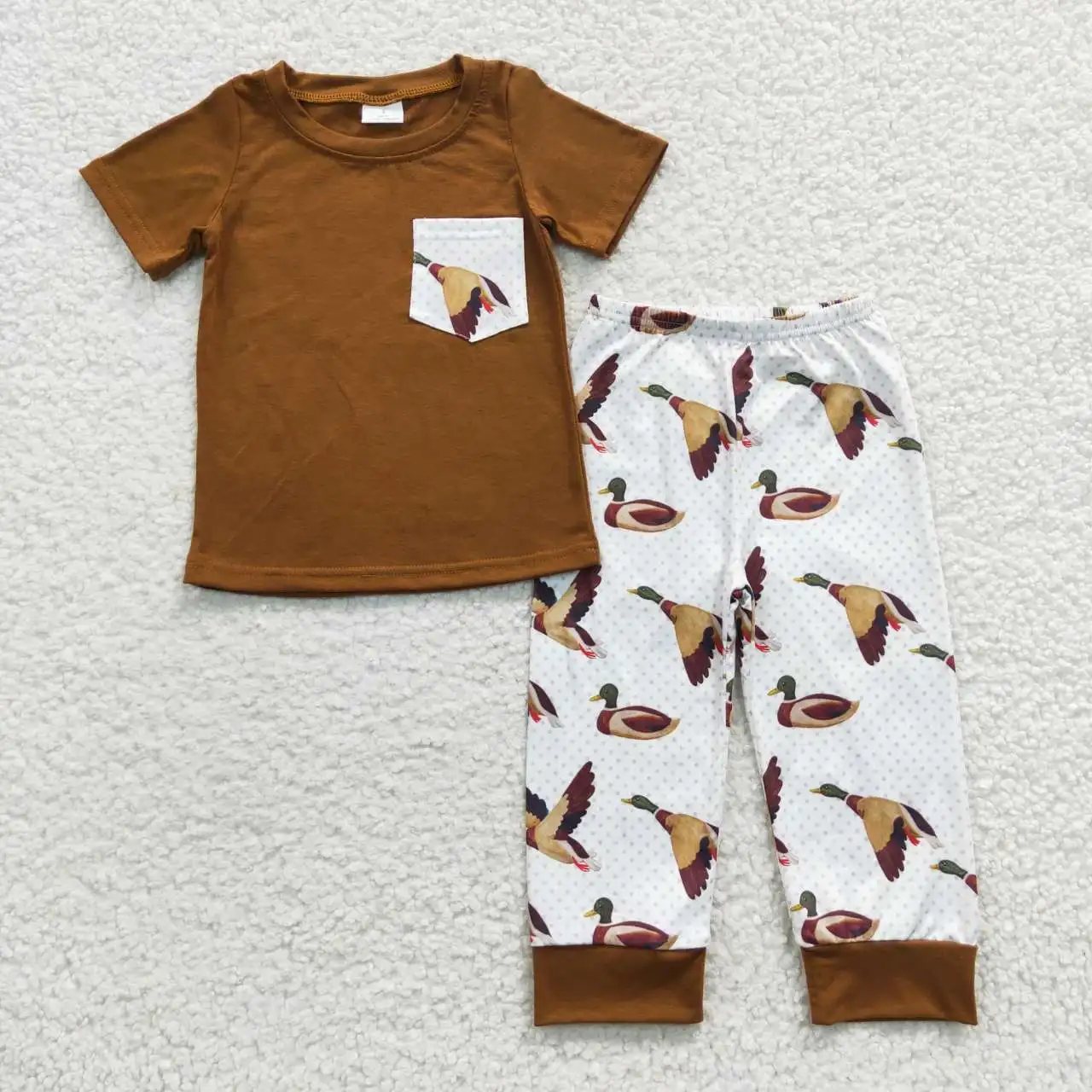 

Wholsale Baby Boy Outfit Kid Short Sleeves Pocket Duck Brown Shirt Brown Tee Set Toddler Children Pants Spring Fall Clothing