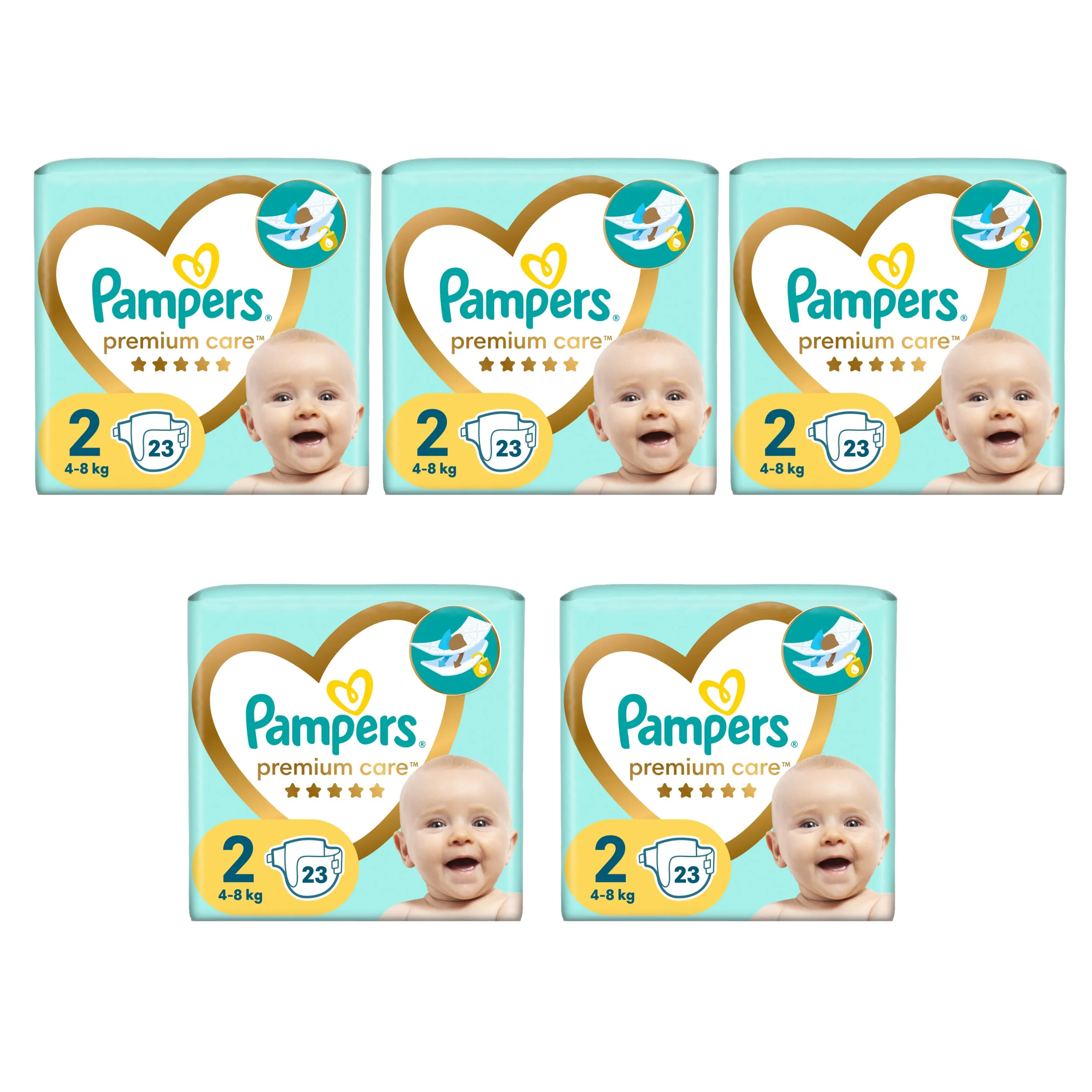 5x Pieluchy PAMPERS Premium Care roz 2 (4-8 kg) 23 szt