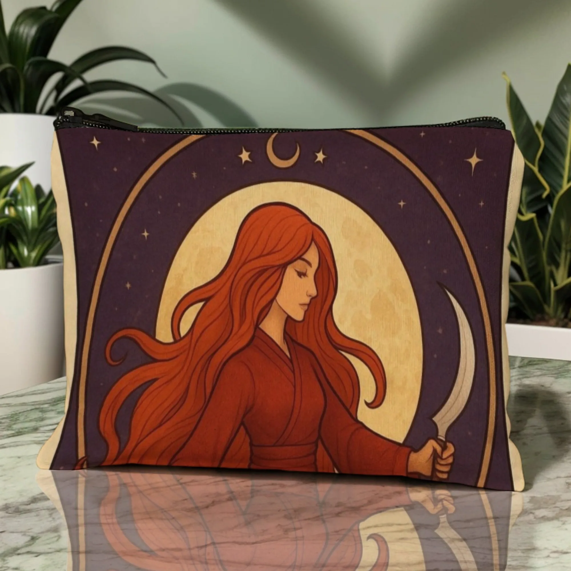 Custodia cosmetica per donna strega occulta Design mistico con lama a mezzaluna di capelli rossi Luna piena e stella perfetta per gli amanti del mito e della strega