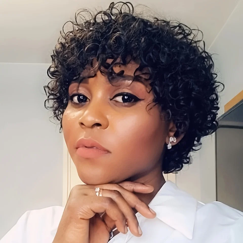 

8-дюймовый черный цвет, машинное производство, короткие курчавые вьющиеся парики из натуральных волос пикси для женщин, повседневная вечеринка, косплей, парик