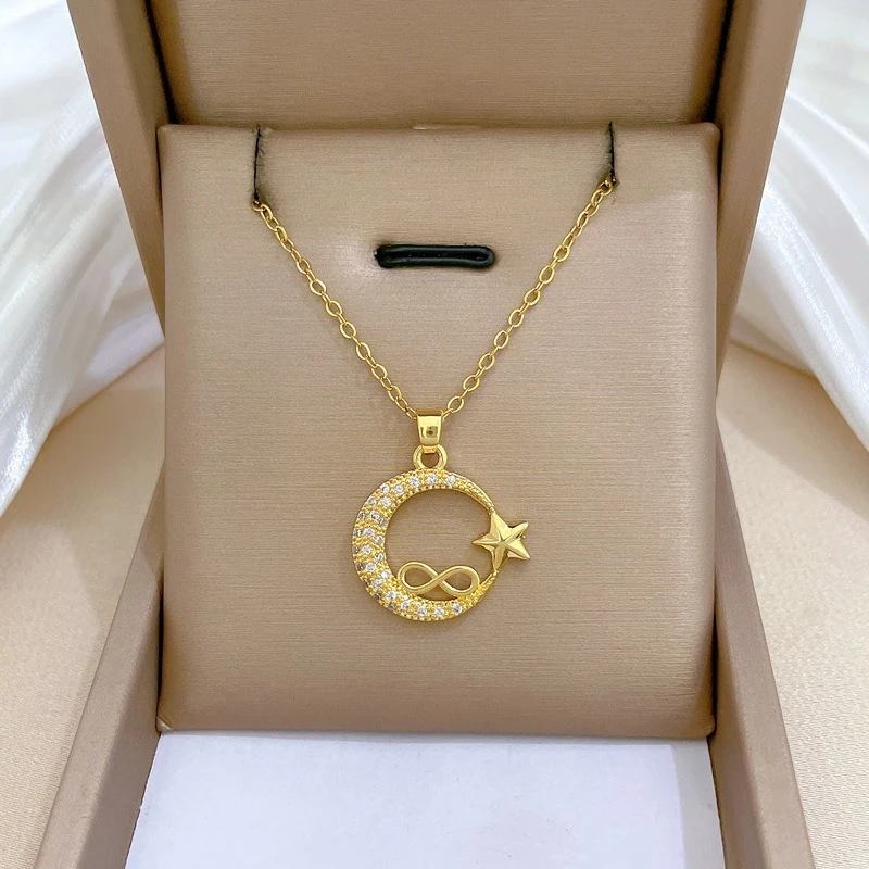 

18K Gold Plated Full Zircon Star Moon Forever Pendant Necklace For Women Luxury Titanium Steel Women Men Couple Gift