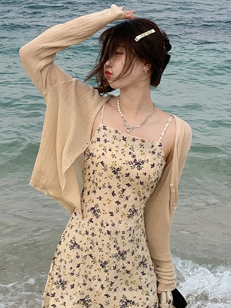 

Ice Silk Knitted Summer Lightweight Sun Protection Cardigan Women's awl Top with Strap Vest Air Conditioner Cover Coat