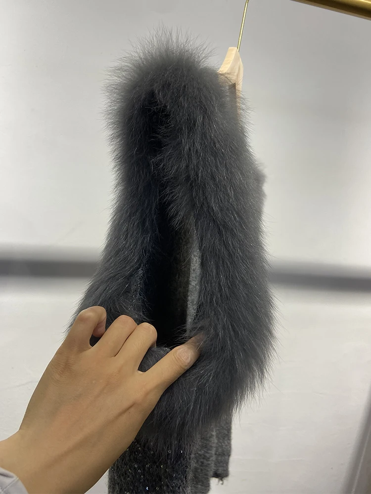 Gilet sans manches en tricot pour fille, style coréen, gris foncé, avec décoration en fourrure de renard naturelle, pour l'automne et le printemps