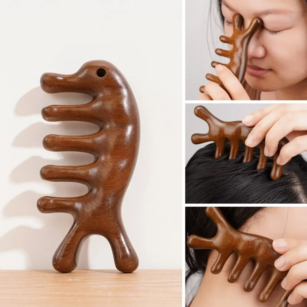 Five Teeth Body Meridian Massage Comb Hanging Anti-Static Head Massage Comb Multifunctional Wide Tooth Wood Therapy Massage Comb