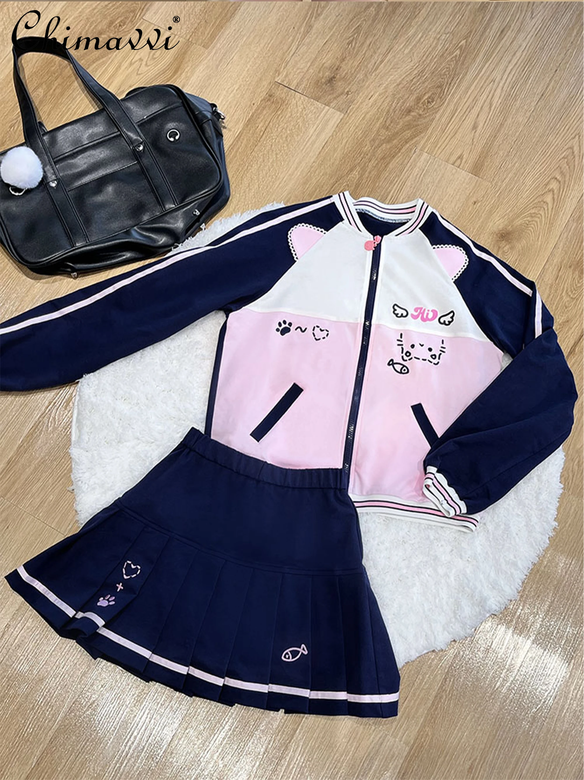 

Оригинальный японский осенний новый милый крутой мягкий спортивный костюм для девочек, модный повседневный наряд с длинными рукавами для дочери, пальто, юбка, Y2k, 2 шт.