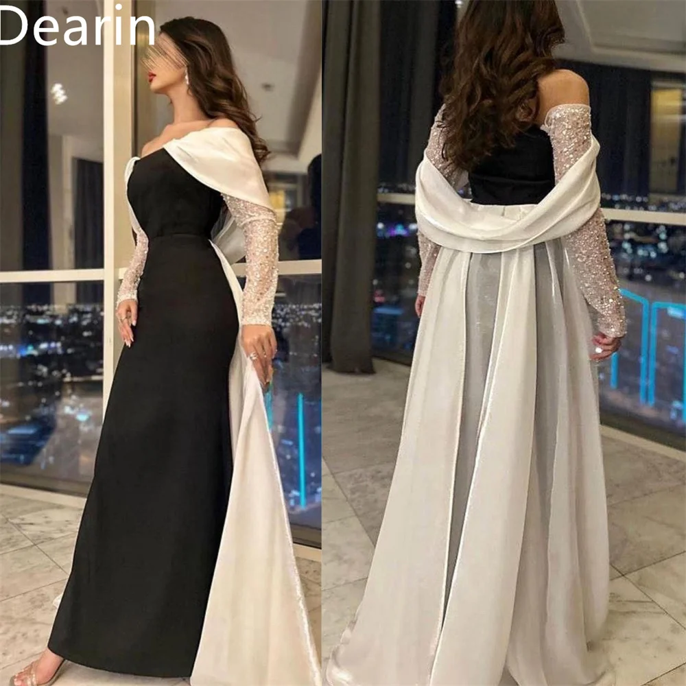 Customized Saudi Arabia Dearin Off-the-shoulder A-line Floor Length Skirts Sequin Tulle Draped Bespoke Occasion Dresses Evening