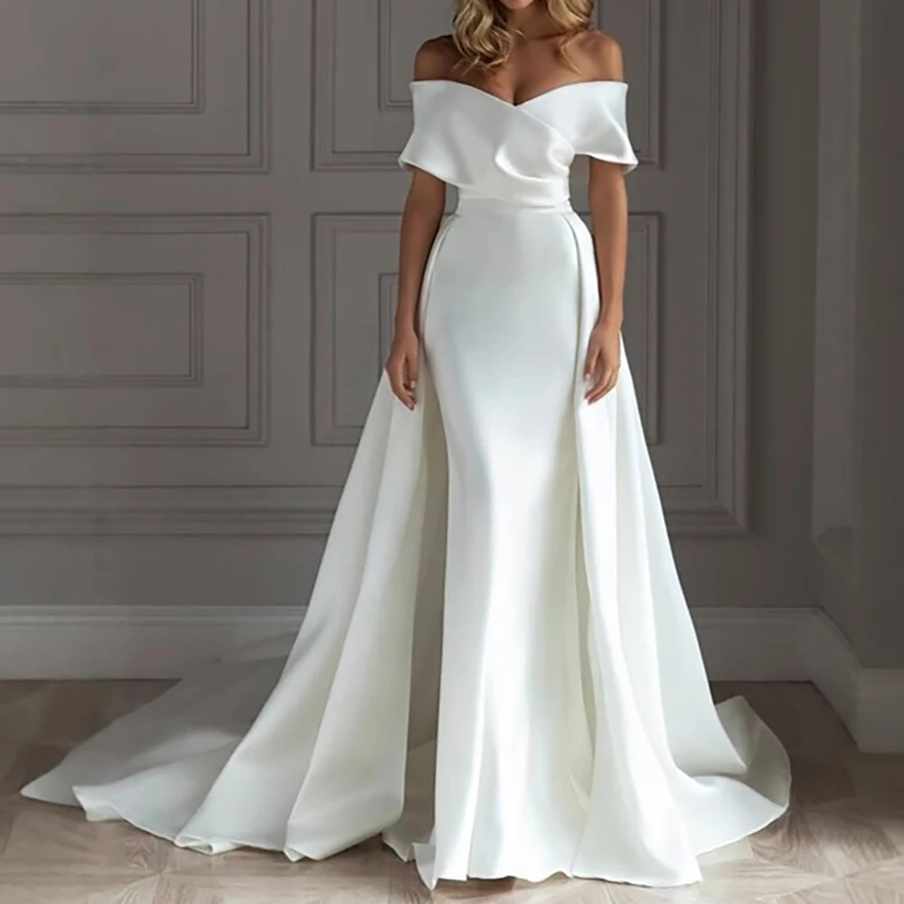 Vrouwen elegante off-shoulder witte trouwjurk slanke korte mouw mode bodycon formele kleding vrouwelijke lange zoom prom maxi-jurken