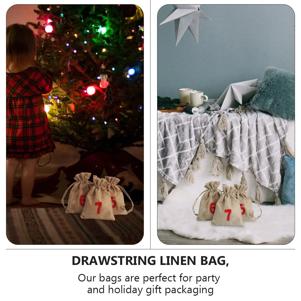 

24Pcs Christmas Drawstring Linen Gift Bags Numbered Felt Bags for Candy Jewelry Party Holiday Packaging Drawstring Linen Bag