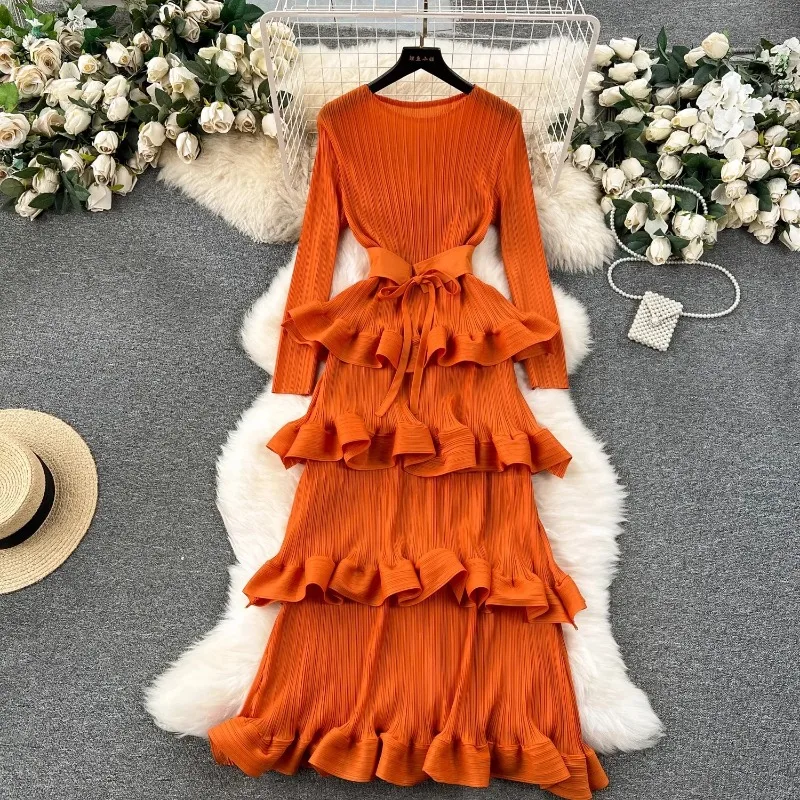 WAKUTA Multi-layer Cascading Pleated Dress Women O Neck Long Sleeve Solid Color Ruffles Cake Belt Gowns Female Party Clothing