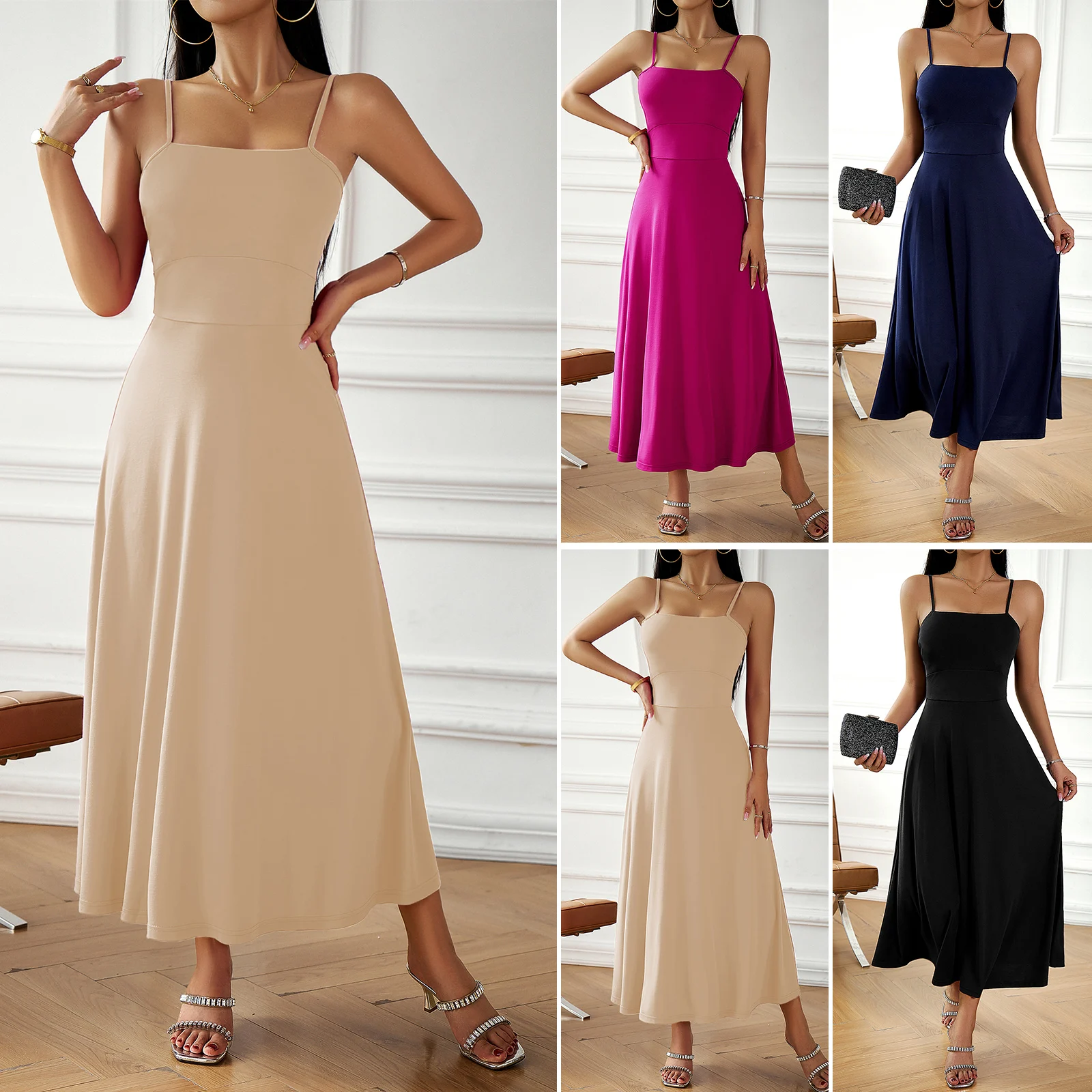 

All Match Backless Sleeveless Dress Ins Sexy Solid Colour High Waist Spaghetti Strap Skirt Elegant Knitting Bandage A Line Frock