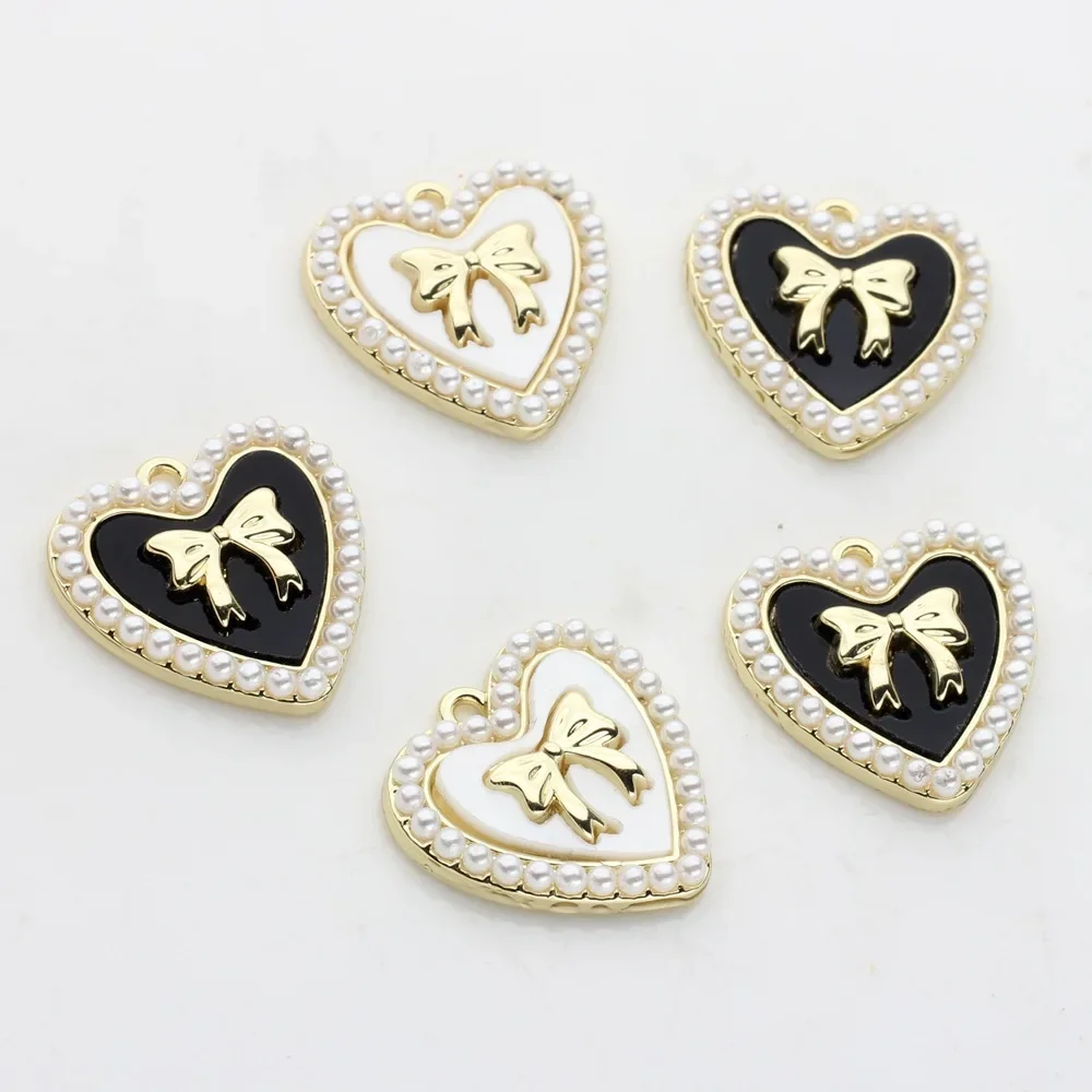Zinc Alloy Charms Imitation Pearl Bow Heart Charms 21mm 2PCS For DIY Jewelry Making Bulk Wholesale Earring Charms