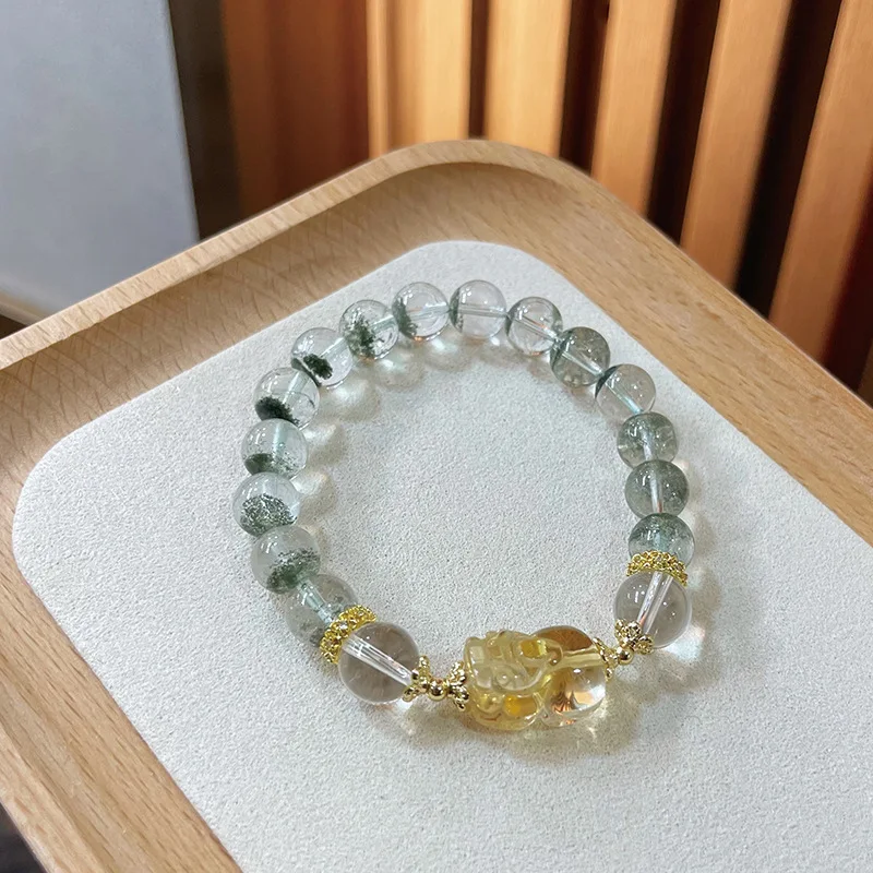 

Natural Crystal Net Body Green Phantom Quartz Simple White Crystal Lucky Citrine Pi Xiu Bracelet Women's Jewelry Ornament