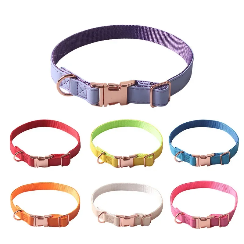 New Pet Collar PU Macaron Dog Collar With Webbing Rose Gold Soft Dog Collar