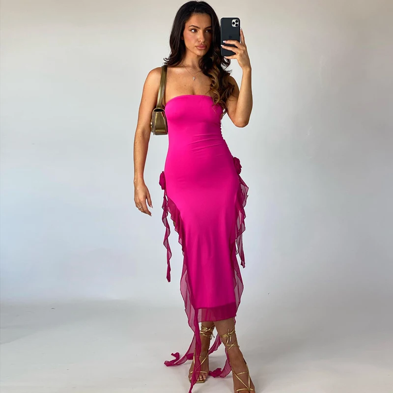 MSMUSI 2024 New Fashion Women Sexy Strapless Floral Falbala Ruffles Draped Fold Sleeveless Bodycon Party Club Event Midi Dress