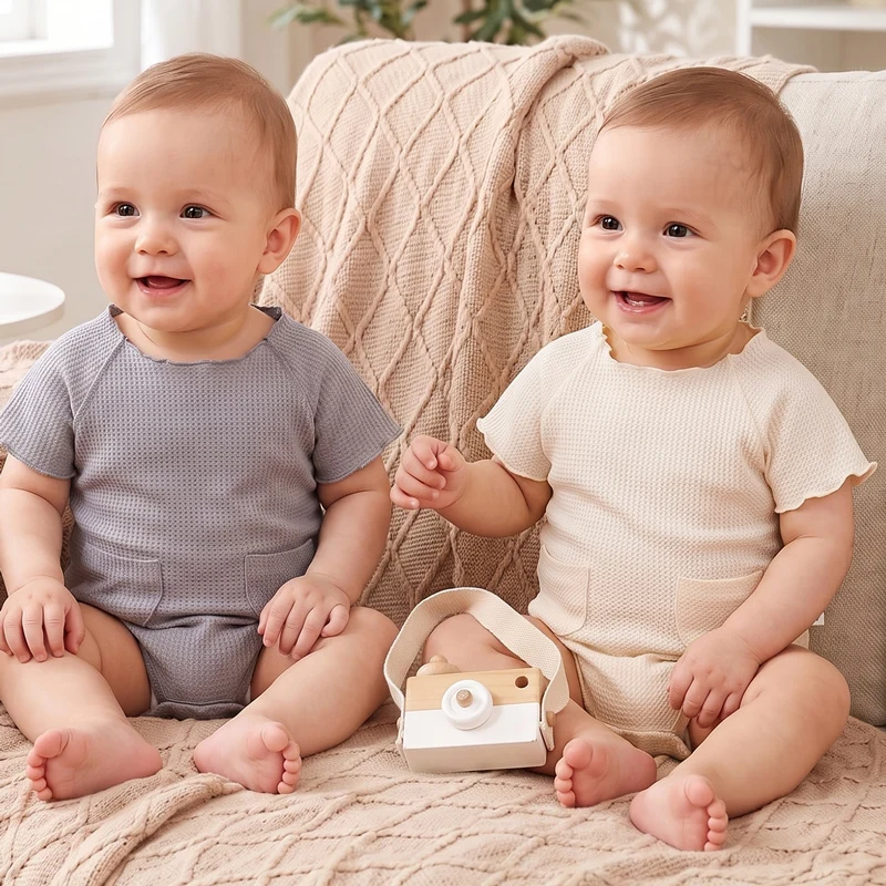 2 Pieces of Baby Short-Sleeved Rompers, Pure Color Waffle Fabric, Suitable for Daily Wear, 0-2 Years Old