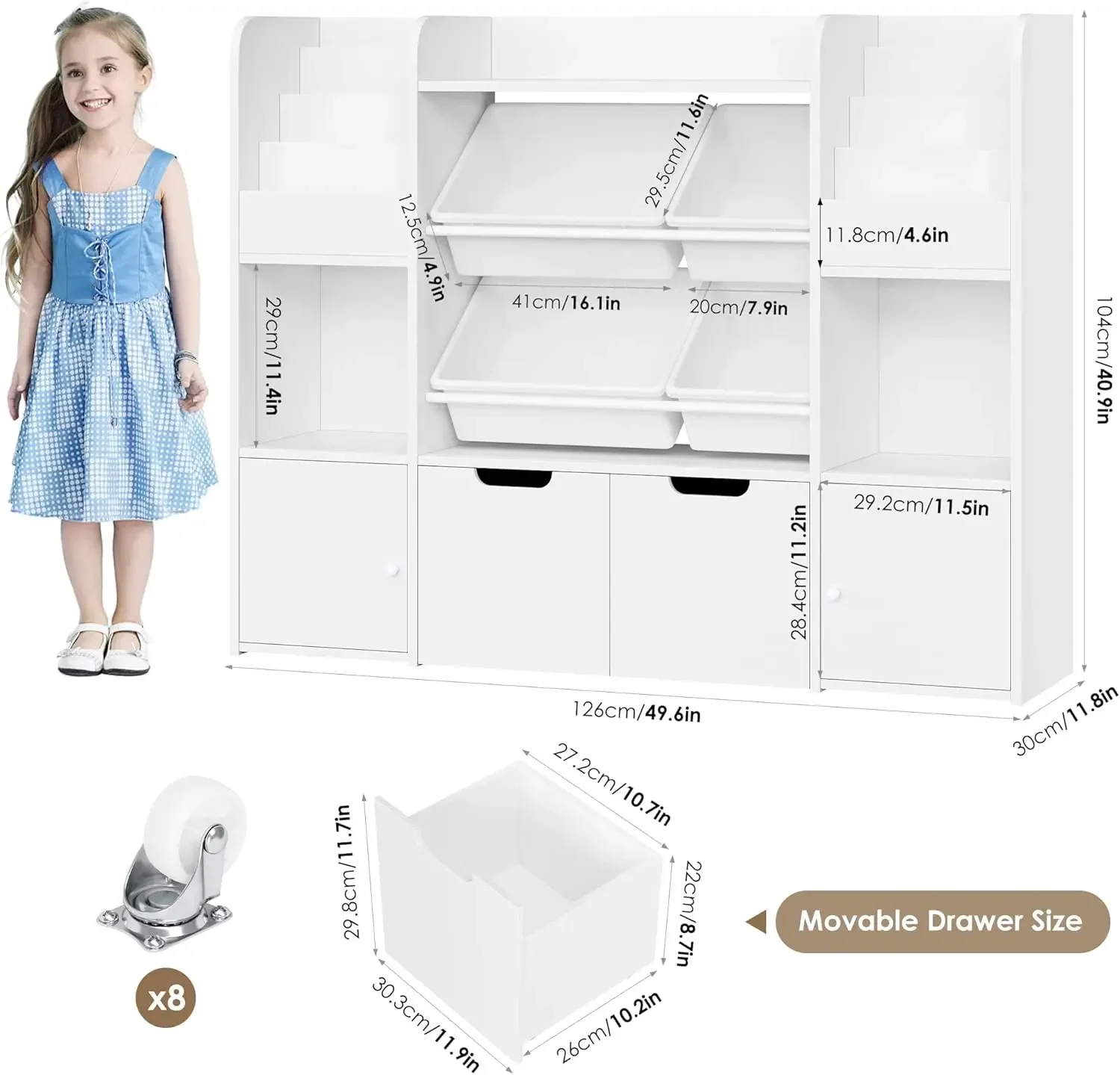 [Nuovo arrivo, spedizione gratuita! ]Grande organizer per giocattoli da 50'' con 4 contenitori per giocattoli, 6 armadietti e 2 cassetti mobili, libreria