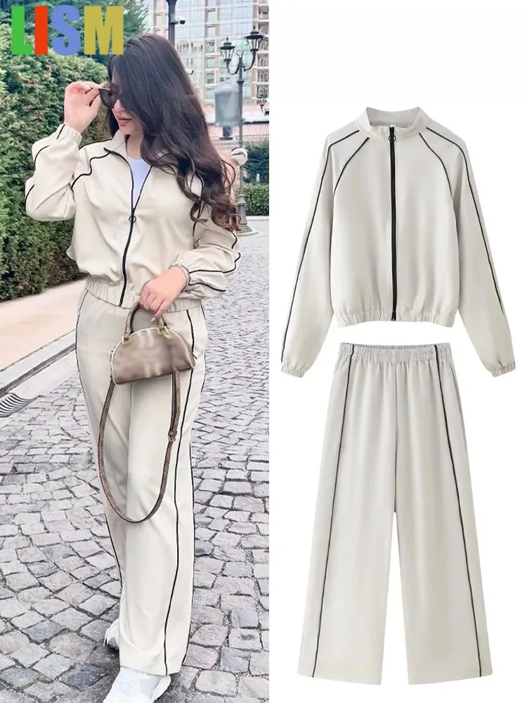 

LISM winter woman tracksuit Stripe Loose Zipper Coat Top+Elegant Elastic Waist Side Pocket Loose Wide Leg Pants 2 Piece Set