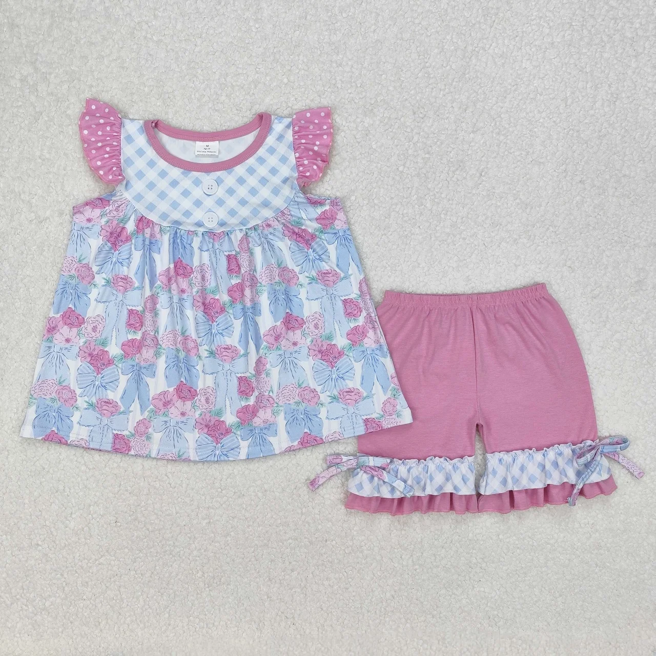 

Wholesale Toddler Straps Blue Bows Checked Flower Tunic Clothes Kids Ruffle Cotton Shorts Children Infant Outfit Baby Girl Set