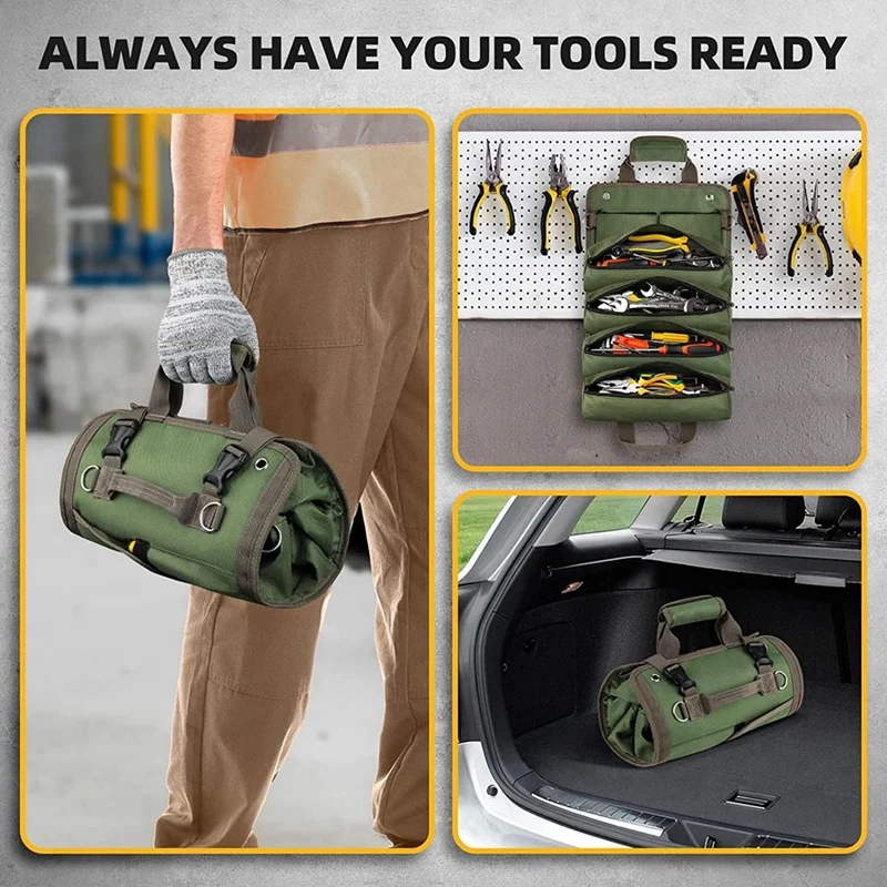 New-Tool Bag Roll Up, Portable Tool Storage With 2 Removable Zipper Pockets, Father's Day Dad Birthday Gift, Green