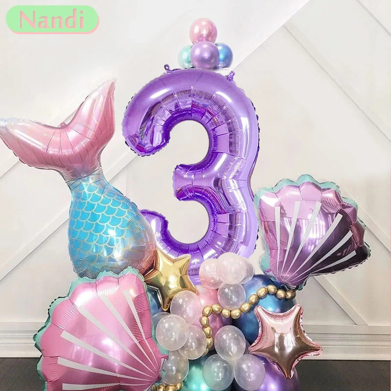 33PCS Mermaid Balloon Number Set Balloon Column Set Mermaid Theme Shell Children’s Birthday Party Celebration Scene Layout