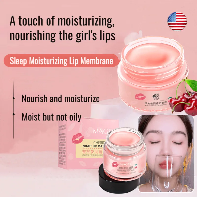 Memberi nutrisi hidrasi pelembap bibir perbaikan tidak berminyak mencerahkan garis bibir untuk menghilangkan kulit mati Cherry masker bibir malam