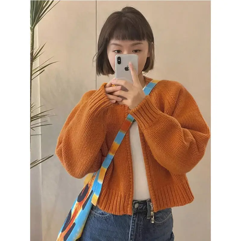 Zipper Cardigan Long Sleeved Knitted Top Loose Thickened Grey Cropped Sweater Coat Women's Clothing Autumn Winter Round Neck Top