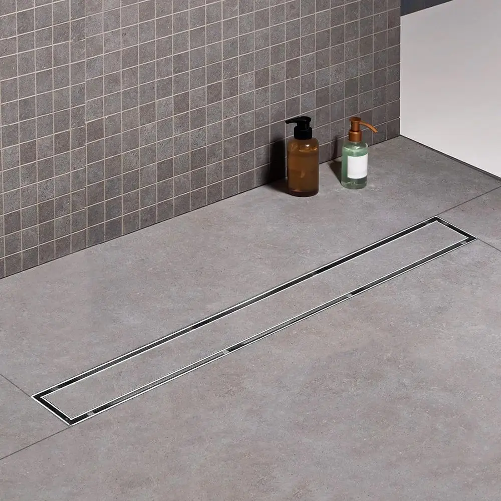 Sifone doccia lineare 48 con inserto per piastrelle 2-in-1, acciaio inossidabile spazzolato, uscita laterale, raccogli capelli, piedini regolabili