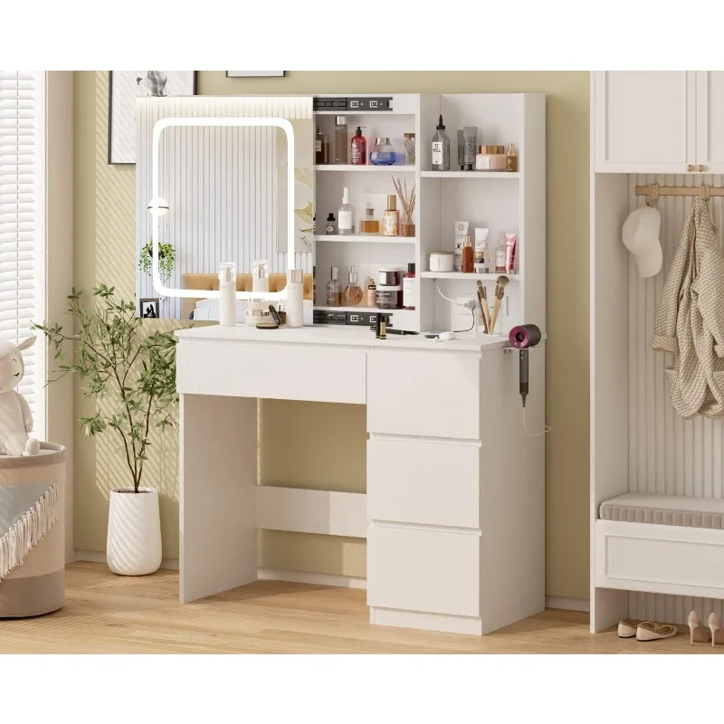 White Vanity Desk with Mirror and Lights, Makeup Vanity with Lights 4 Drawers, Vanity Table with Power Outlet & Sliding Door, 3