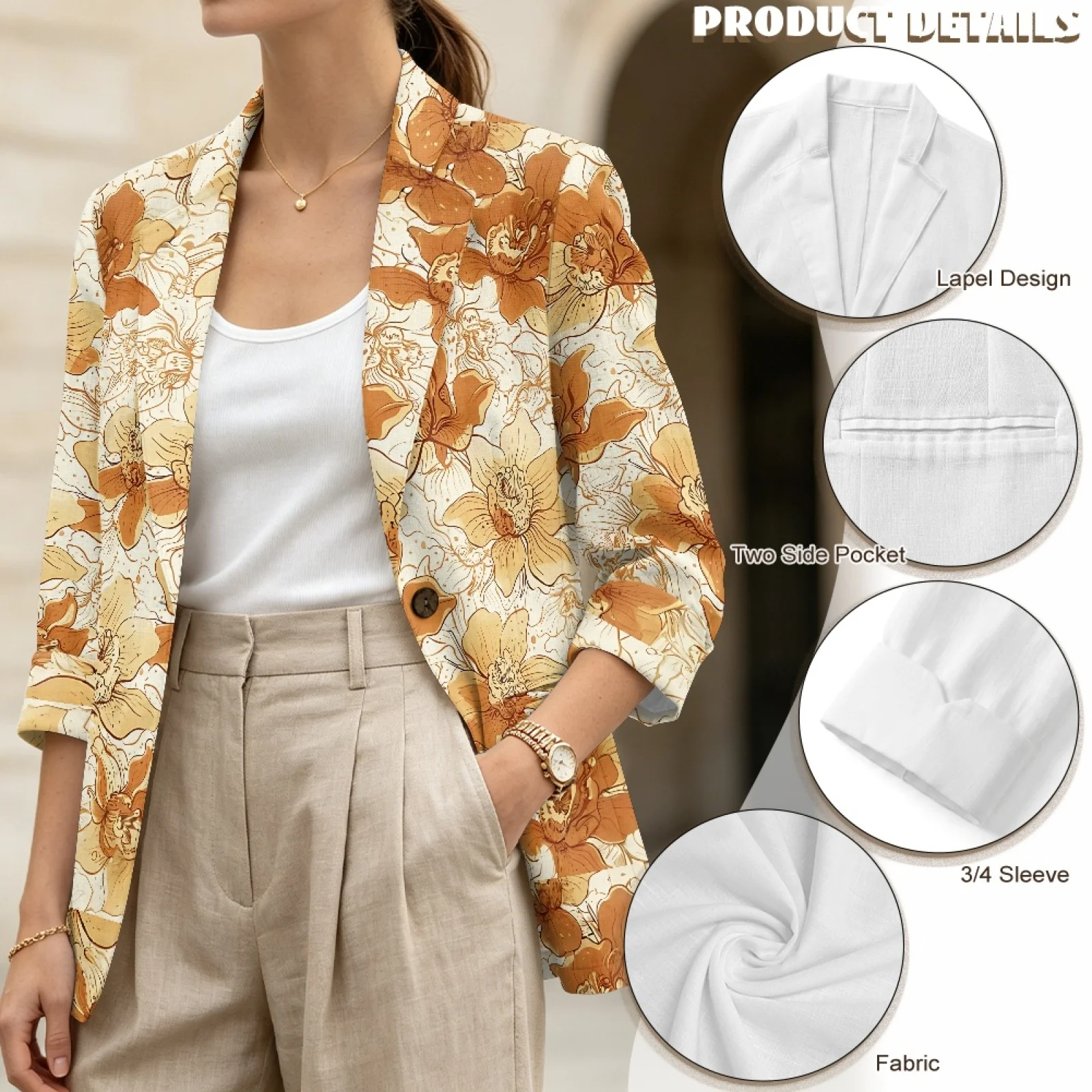 PENSTROLL Orange Floral Linen Like Beach Coverups Outerwear for Women Casual Open Front Button Cardigans view 5