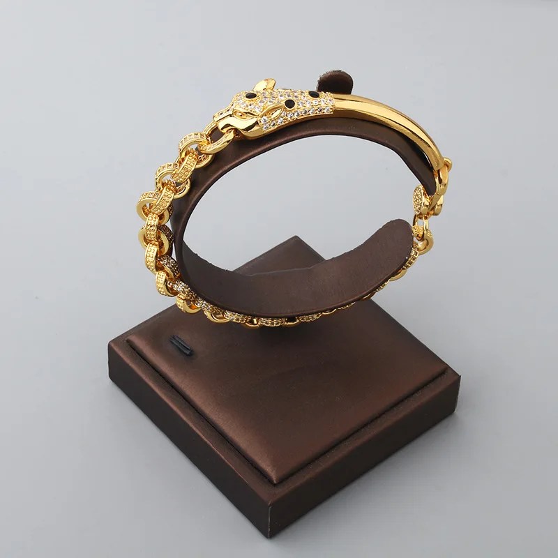 Vintage Fashion Hip Hop Style Bracelet Women Lady Inlaid Cubic Zircon Black Patches Leopard Panther Thick Chain Party Jewelry