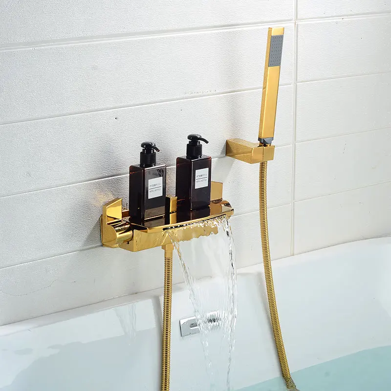 

Gold Waterfall Bathtub Faucet Brass With Handheld Shower Head