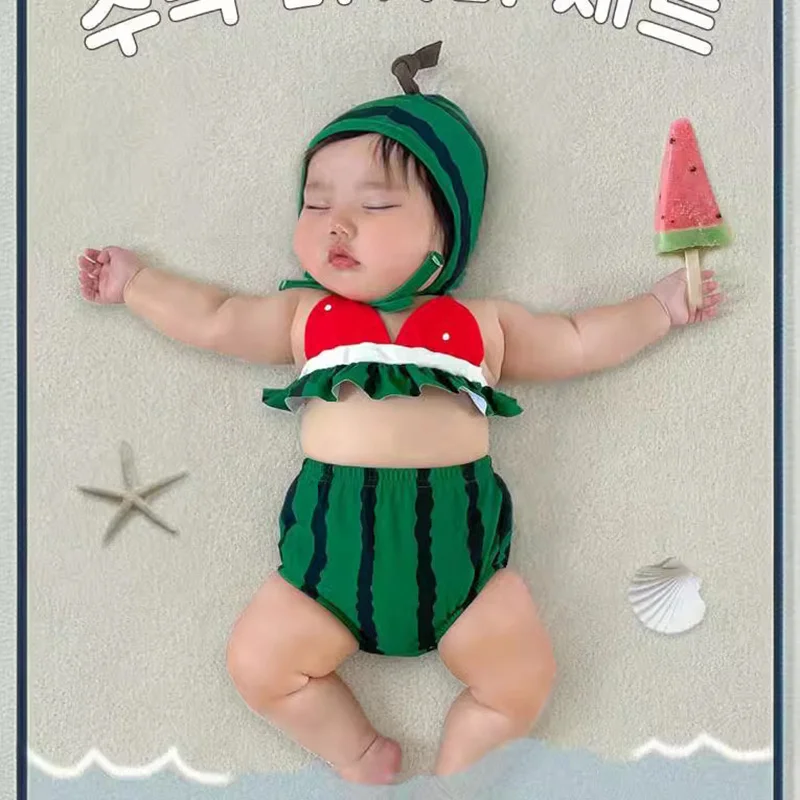 

Korean Summer Baby Clothes Swimsuit suit Boys Girls Two piece set Funny watermelon Overall Sling Bikini Korean Bathing