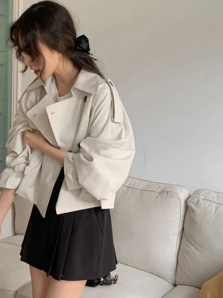 

Retro Suit Collar ort Coat Women Chic Loose Casual Autumn Season Faionable Versatile Big Coat Lantern Sve Double Button