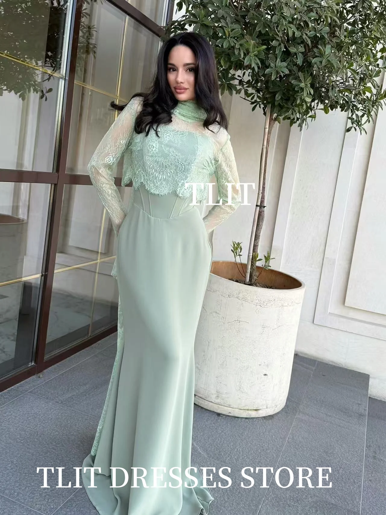 TLIT élégant vert clair soie Satin dentelle sirène robes de soirée sans bretelles vestido de noite personnalisé avec veste robes de soirée