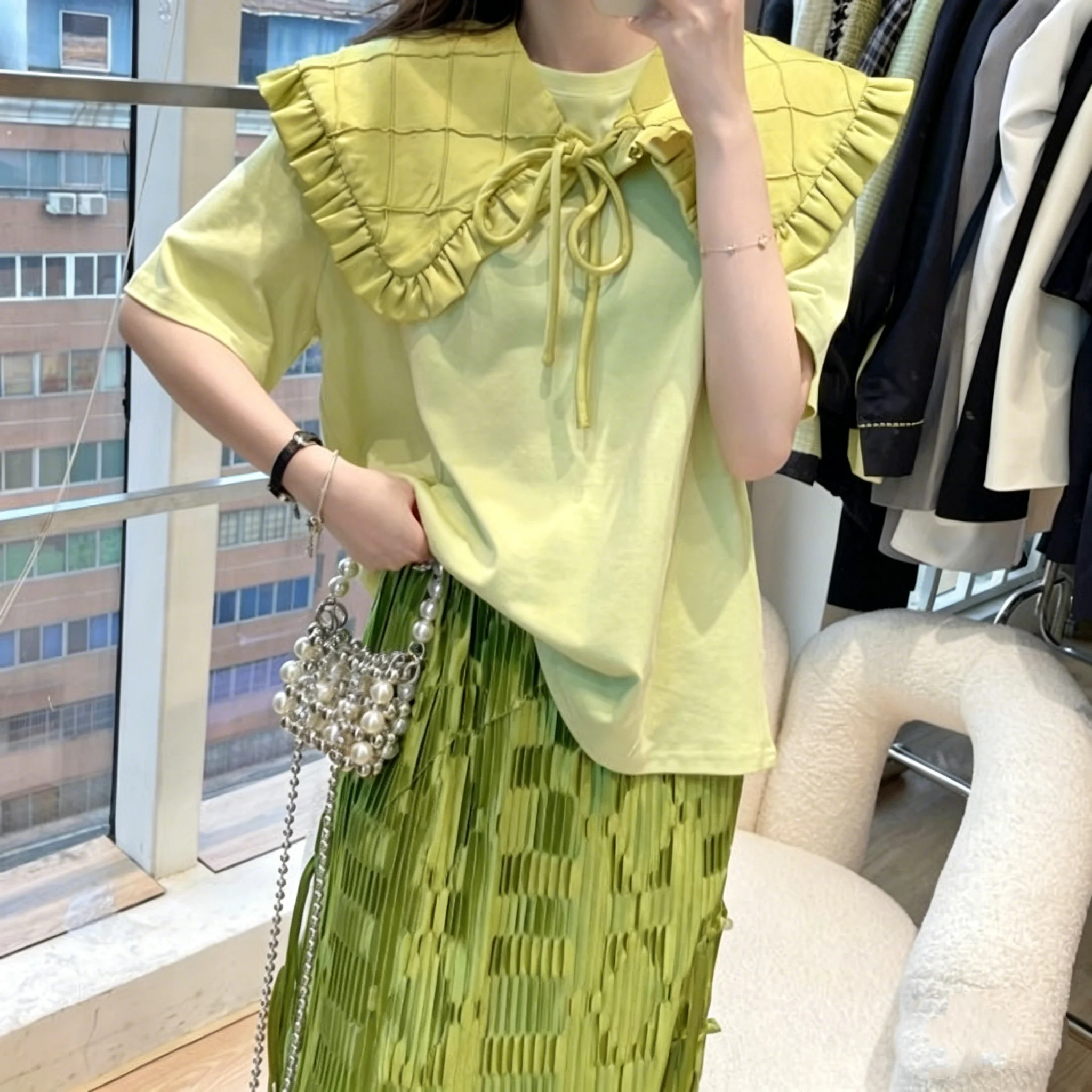 Women's Green Pleated Maxi Skirt Chinese Style Frog Button High Waist Casual Skirt