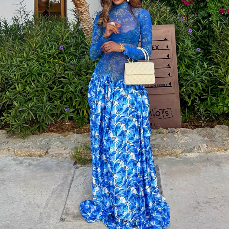 Vestido plisado informal con estampado Floral y cuello medio alto, novedad de otoño, vestido largo empalmado de manga larga para vacaciones, vestido bohe con temperamento para mujer