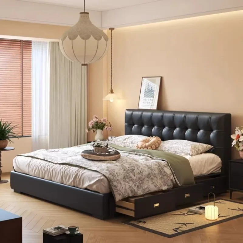 Minimalist Cream Bed Frame Style Wooden Leather Storage Dimmable Wireless Charging Bed Sheets Narrow Modern Bed Room Furnitures